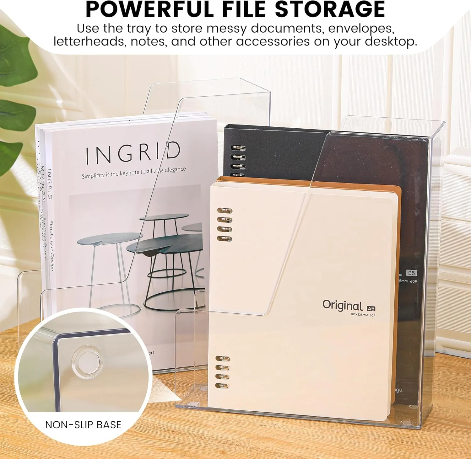 Vertical File Holder, Clear PET Desk Organizer and Storage Bins Holding for Magazines, Binders, Notebooks, Envelopes, Multi-purpose Plastic Document Organizer for Home Office, 4 pack
