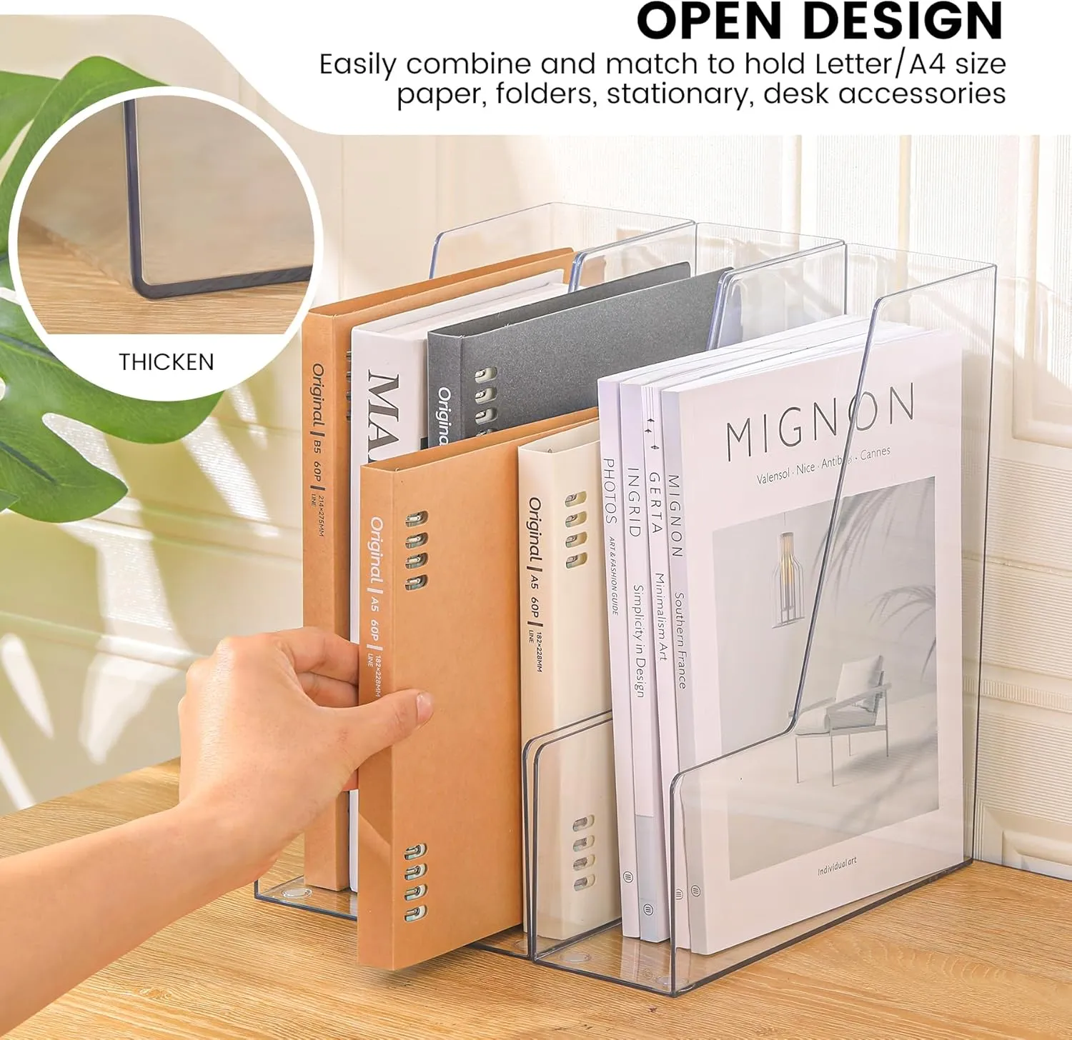 Vertical File Holder, Clear PET Desk Organizer and Storage Bins Holding for Magazines, Binders, Notebooks, Envelopes, Multi-purpose Plastic Document Organizer for Home Office, 4 pack