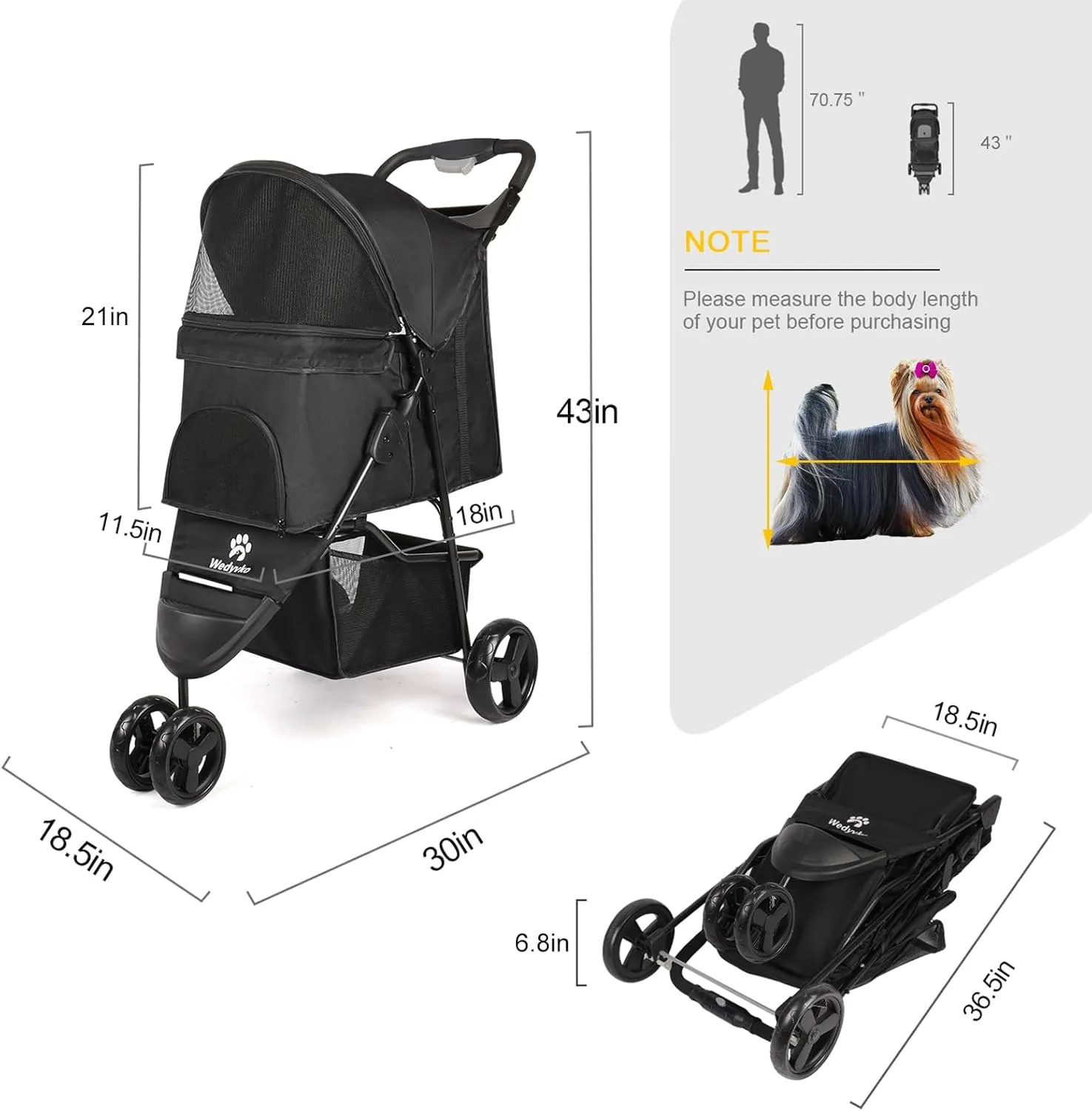 Wedyvko Dog Stroller, Pet Stroller for Small Dogs Cats, Up to 33 LBS with Storage Basket & Cup Holder, Black