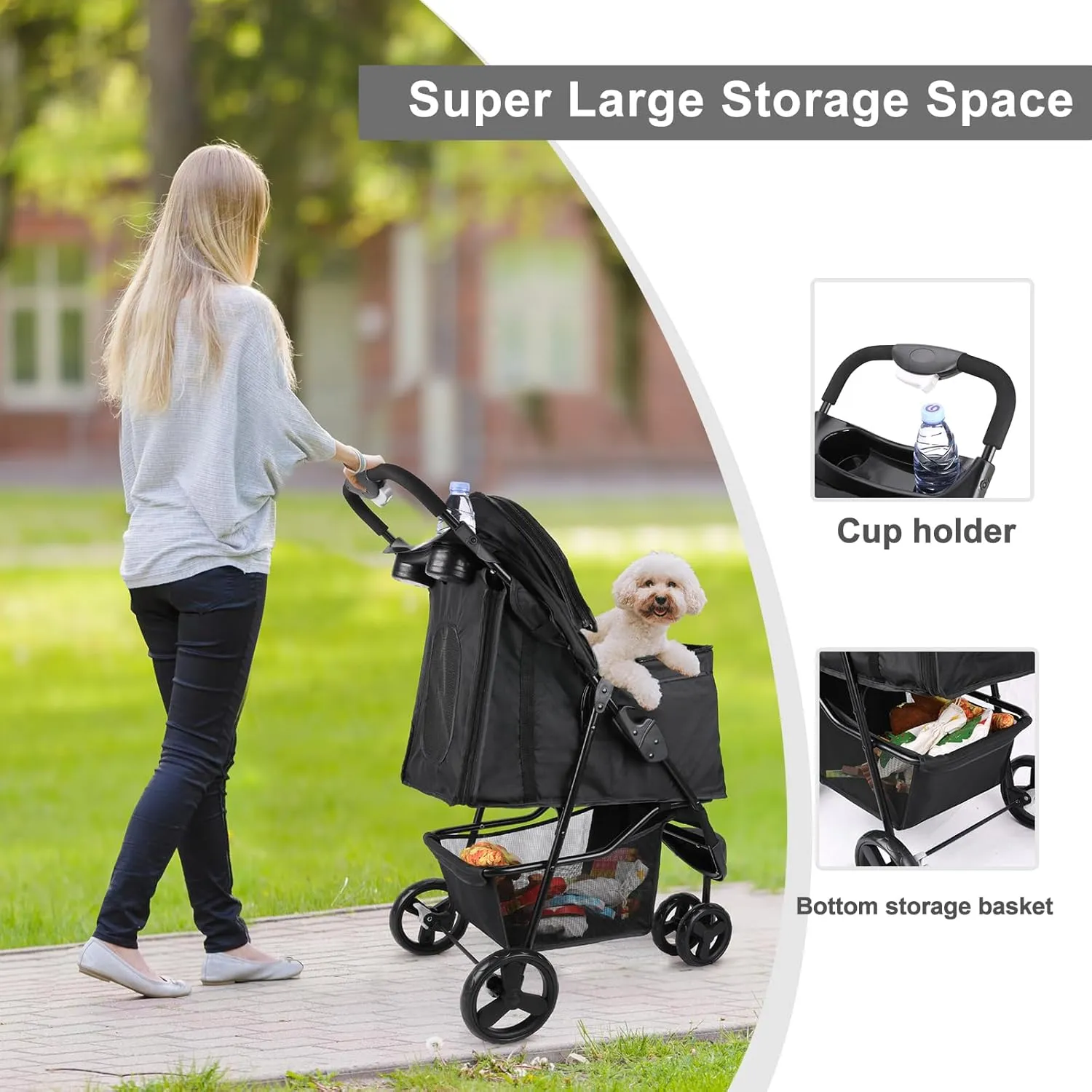 Wedyvko Dog Stroller, Pet Stroller for Small Dogs Cats, Up to 33 LBS with Storage Basket & Cup Holder, Black