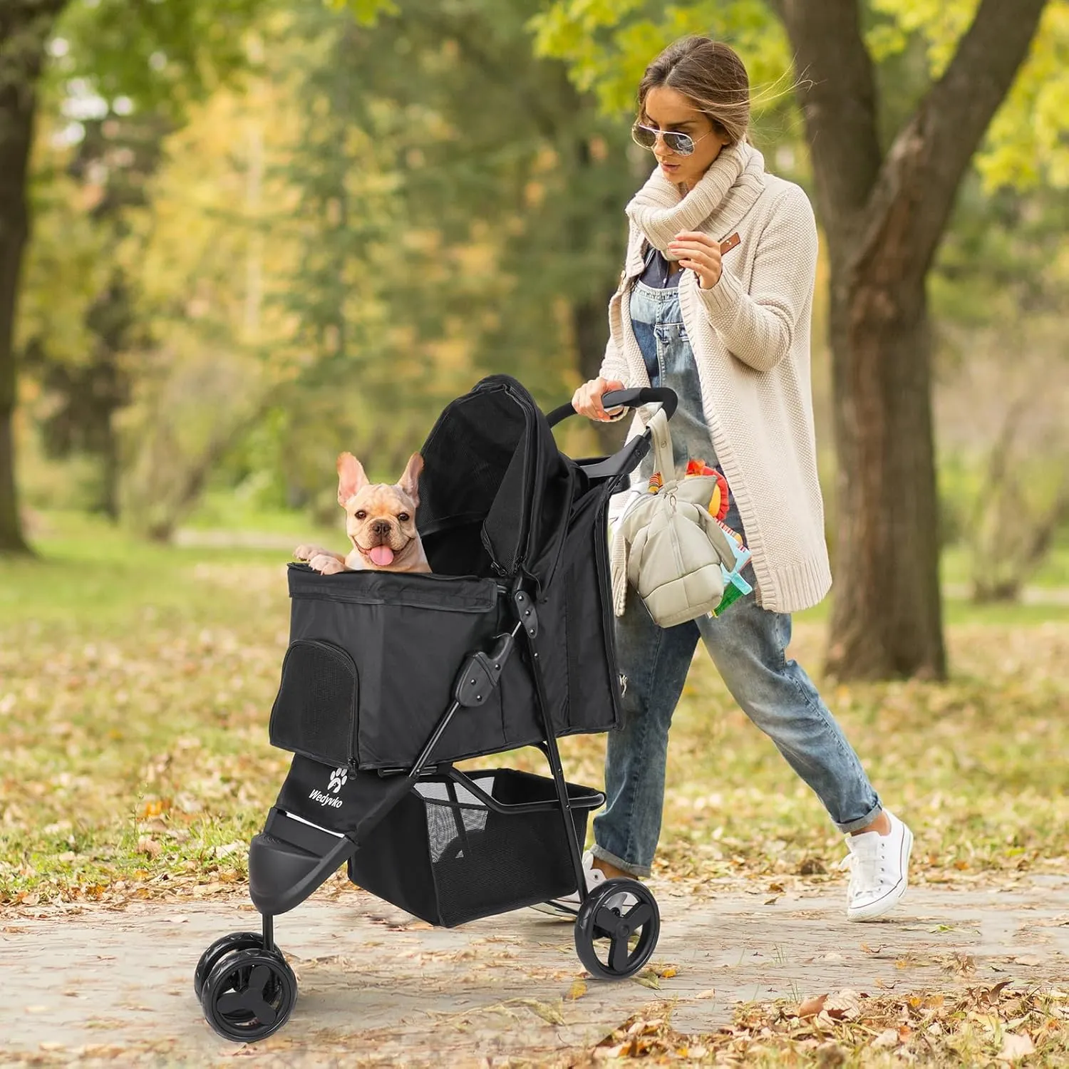 Wedyvko Dog Stroller, Pet Stroller for Small Dogs Cats, Up to 33 LBS with Storage Basket & Cup Holder, Black