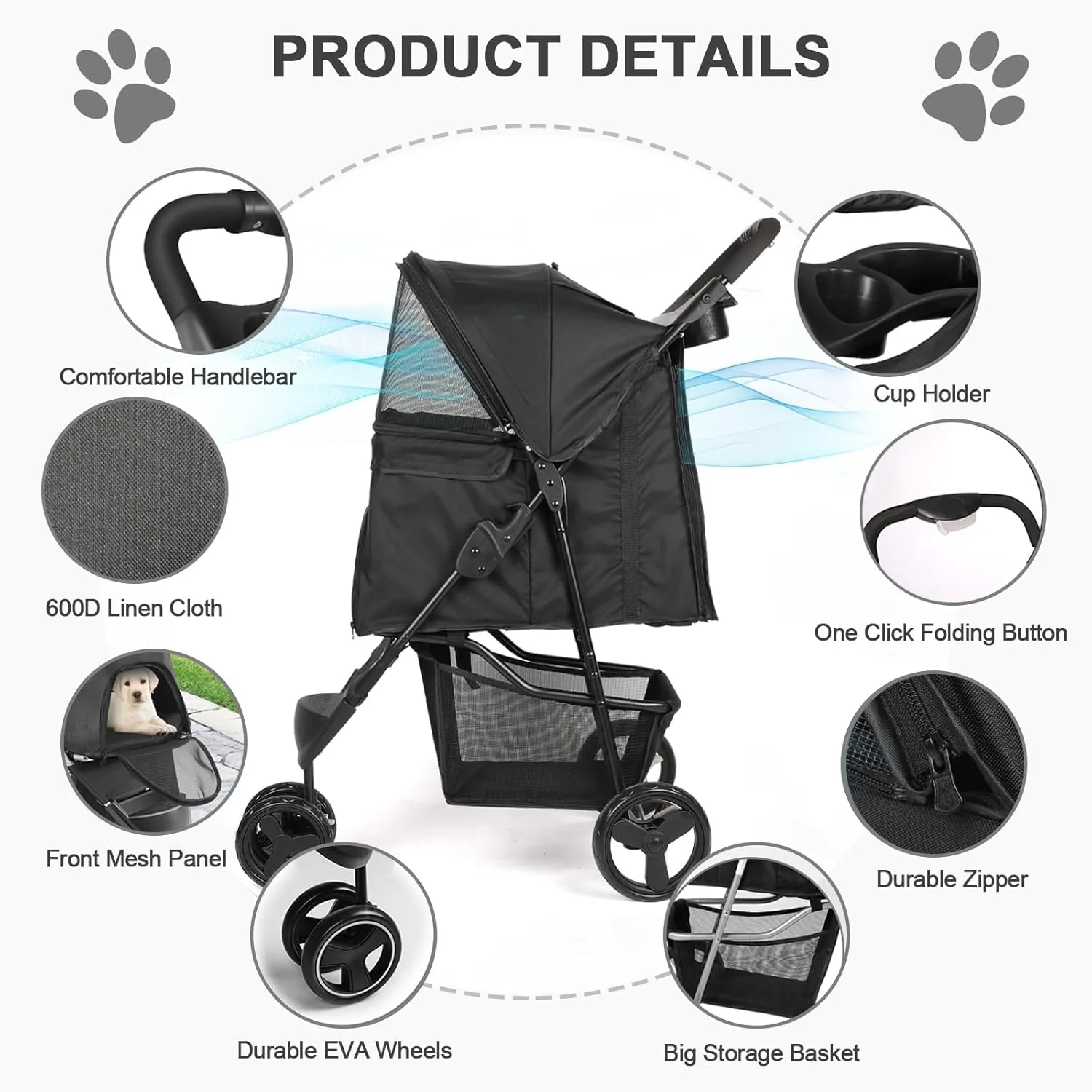 Wedyvko Dog Stroller, Pet Stroller for Small Dogs Cats, Up to 33 LBS with Storage Basket & Cup Holder, Black