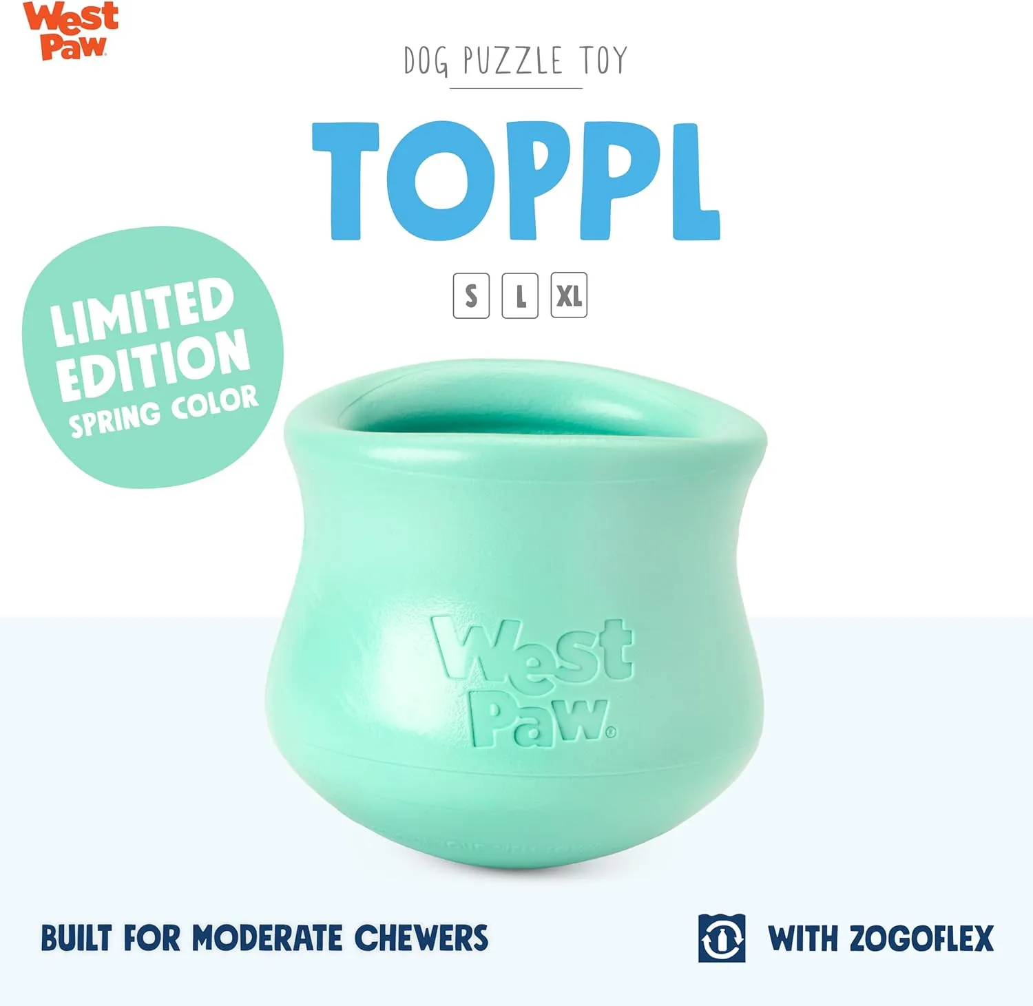 WEST PAW Zogoflex Limited Edition Toppl Treat Dispensing Dog Toy Puzzle  Interactive Chew Toys for Dogs  Dog Toy for Moderate Chewers, Fetch, Catch  Holds Kibble, Treats, Large 4", Mint