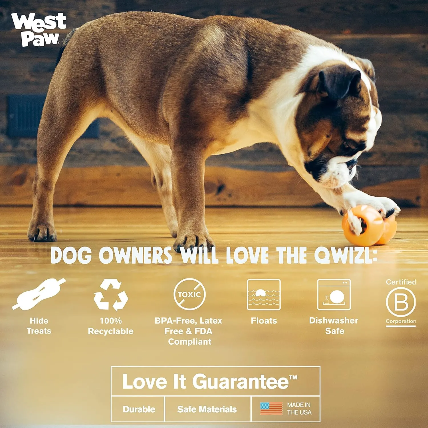 WEST PAW Zogoflex Qwizl Dog Puzzle Treat Toy  Interactive Chew Toy for Dogs  Dispenses Pet Treats  Brightly-Colored Dog Enrichment Toy for Aggressive Chewers, Fetch, Catch, Small 5.5", Tangerine