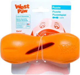 WEST PAW Zogoflex Qwizl Dog Puzzle Treat Toy  Interactive Chew Toy for Dogs  Dispenses Pet Treats  Brightly-Colored Dog Enrichment Toy for Aggressive Chewers, Fetch, Catch, Small 5.5", Tangerine