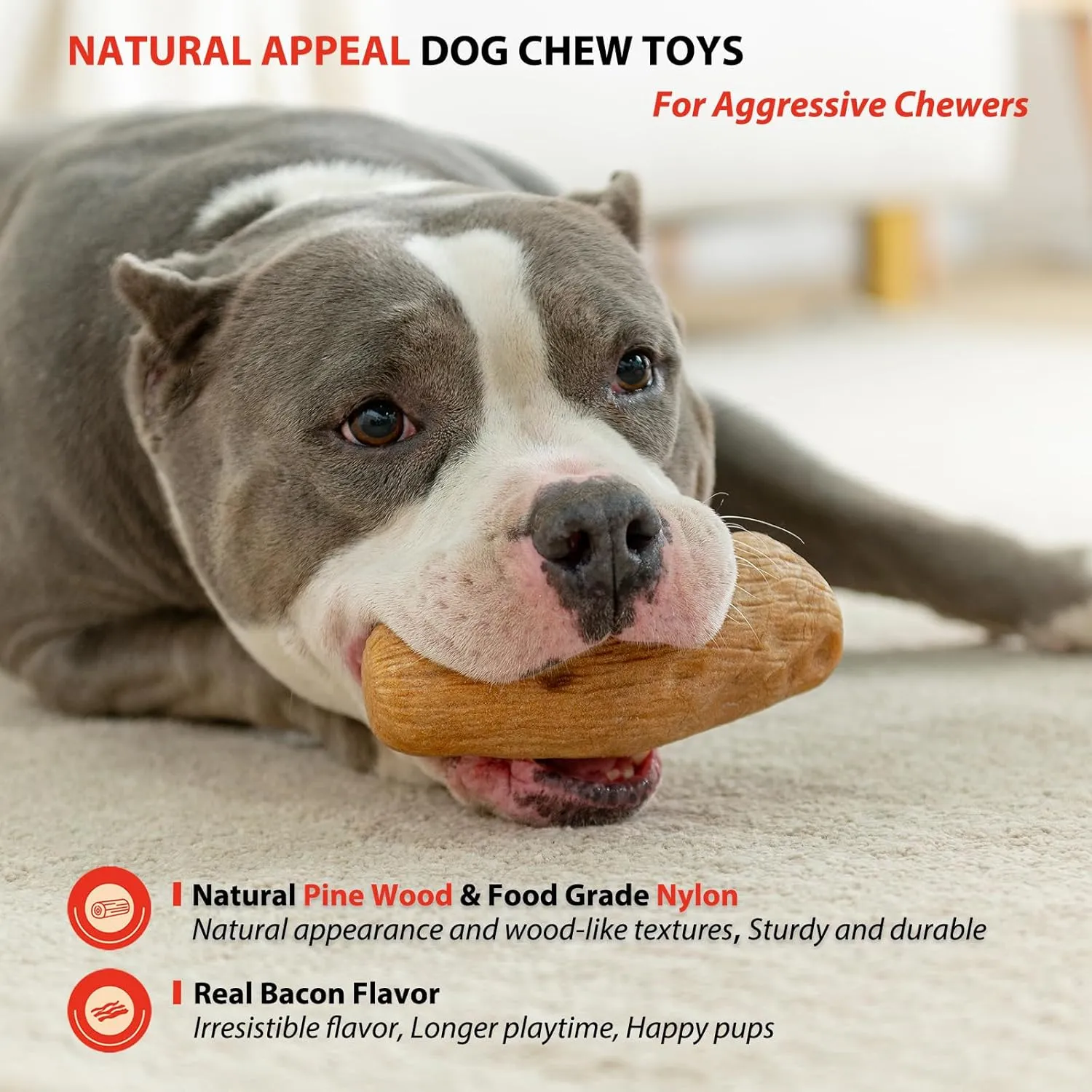 Willjoy 2-Pack Tough Dog Toys for Aggressive Chewers, Pine Wood and Nylon Dog Chew Toys, Aggressive Chew Toys for Large Dogs, Bacon Indestructible Dog Toy, Large Dog Toys to Keep Them Busy