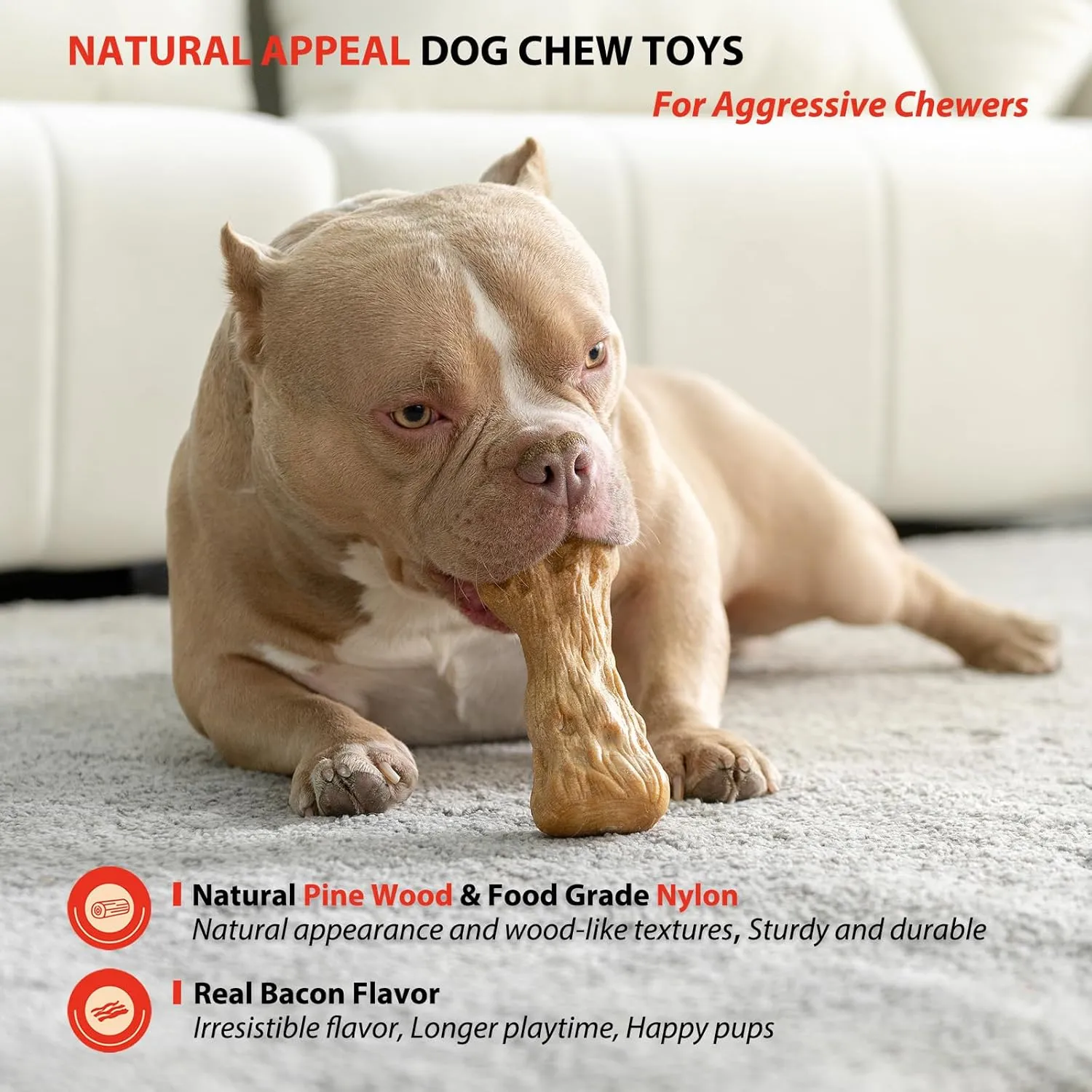 Willjoy Dog Chew Toys for Aggressive Chewers, Tough Dog Toys for Aggressive Chewers, Pine Wood and Nylon Indestructible Dog Toy, Bacon Flavor Large Dog Toys to Keep Them Busy
