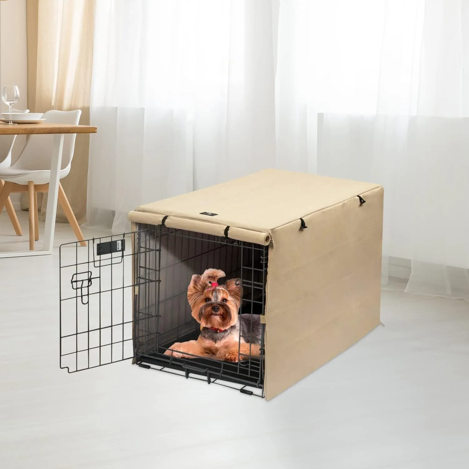 X-ZONE PET Double Door Dog Crate Cover - Polyester Pet Kennel Cover (Fits 24 30 36 42 48 inches Wire Crate) (24 Inch, Tan)