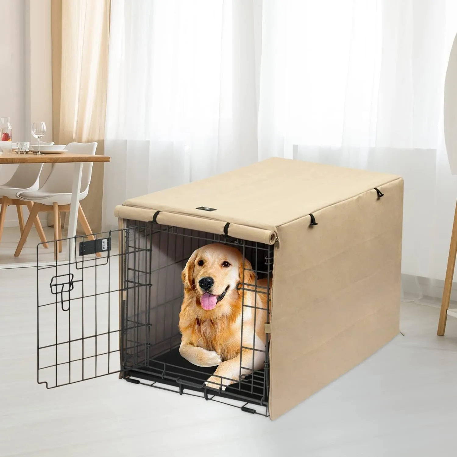 X-ZONE PET Double Door Dog Crate Cover - Polyester Pet Kennel Cover (Fits 24 30 36 42 48 inches Wire Crate) (48Inch, Tan)
