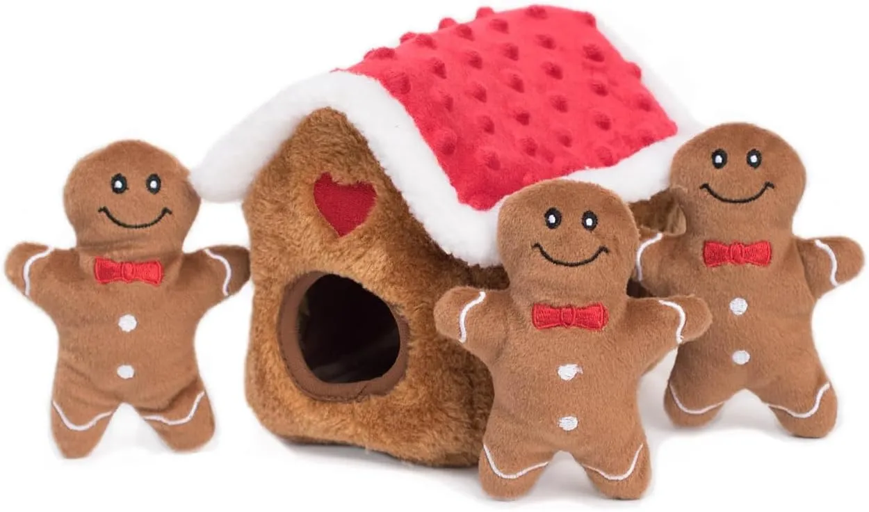 ZippyPaws Burrow- Interactive Dog & Puppy Toys for Boredom, Stimulating Pet Products to Keep Them Busy, Hide & Seek Plush Dog Puzzle, Enrichment Squeaky Toy, For Small & Medium Dogs- Gingerbread House