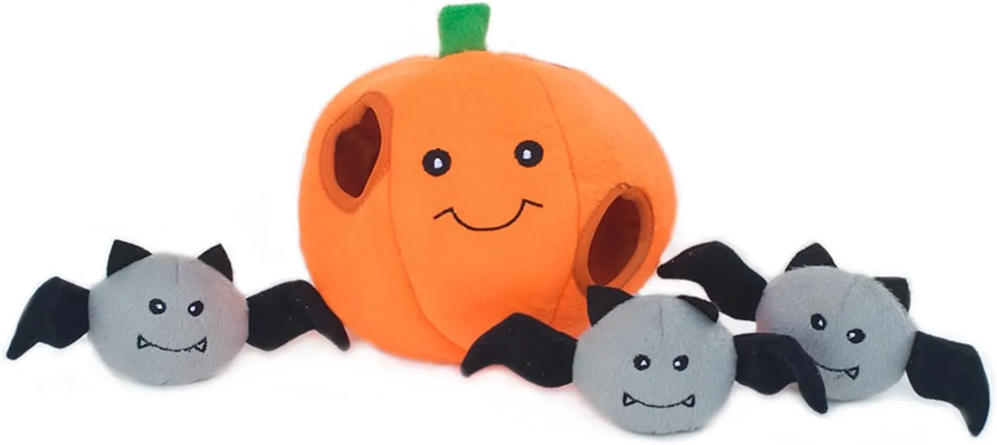 ZippyPaws Burrow- Interactive Dog & Puppy Toys for Boredom, Stimulating Pet Products to Keep them Busy, Hide & Seek Plush Dog Puzzle, Enrichment Squeaky Toy, For Small & Medium Dogs- Pumpkin with Bats